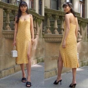 Reformation Yellow Floral Midi Slip Dress with Side Slit